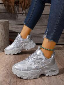 Zapatillas de plataforma gruesas para mujer, zapatos deportivos de moda de suela gruesa con puntera redonda y cordones, para uso al aire libre, senderismo, casual y deportivo, con parches de malla