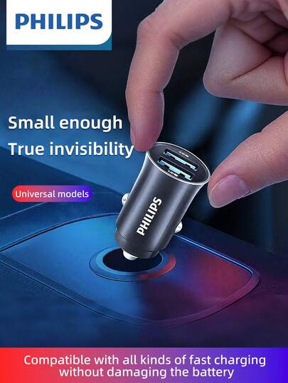 PHILIPS PHILIPS 4.8A Dual USB Port Car Charger With 2.4A Fast Charging, Universal Compatibility For All 12V-24V Vehicles, For Smartphones, Tablets, And GPS Devices