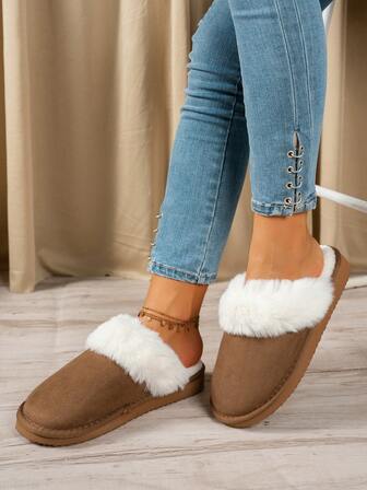 女士百搭休闲厚底纯色包头家居拖鞋，保暖内衬，防滑，柔软舒适，适合室内外穿着，秋冬季