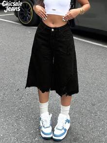 女式不对称下摆破洞7/10长度牛仔裤 - 黑色 - 查看 2