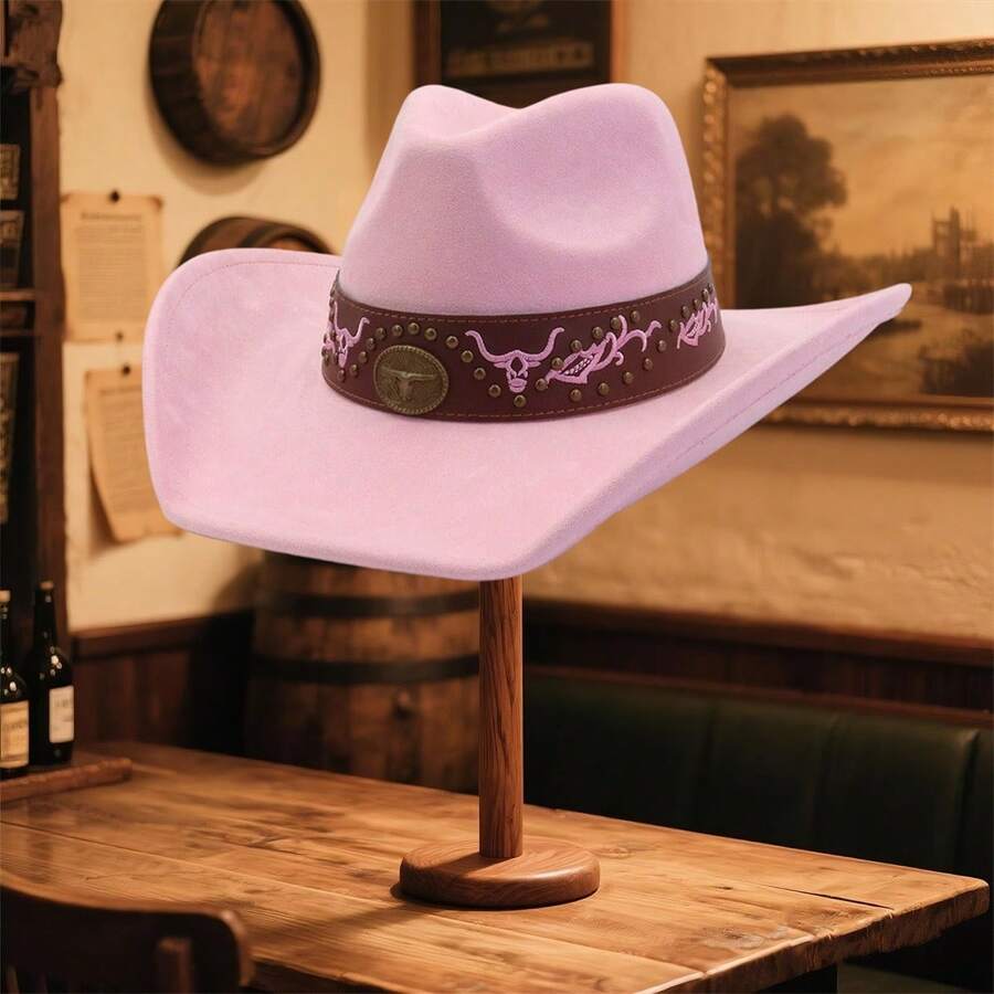 Unisex Western Cowgirl Hats With Floral Band Fashionable Bull Head Wide Brim Fedora Caps For Daily Life And Party - Pink - View 1