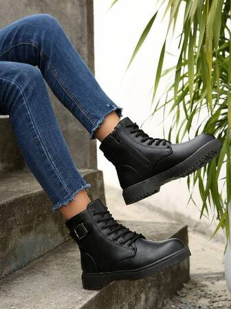 2024 Autumn/Winter New Lace-Up Flat Boots For Women,Go With Jeans, Warm Fuzzy Lining Versatile Thick Heel Increased Height Ankle Boots