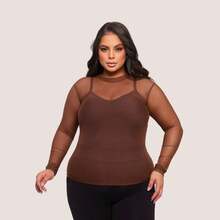 Women's Tulle Blouse With Long Sleeves And Versatile See-Through - 鏽棕色 - 查看 3