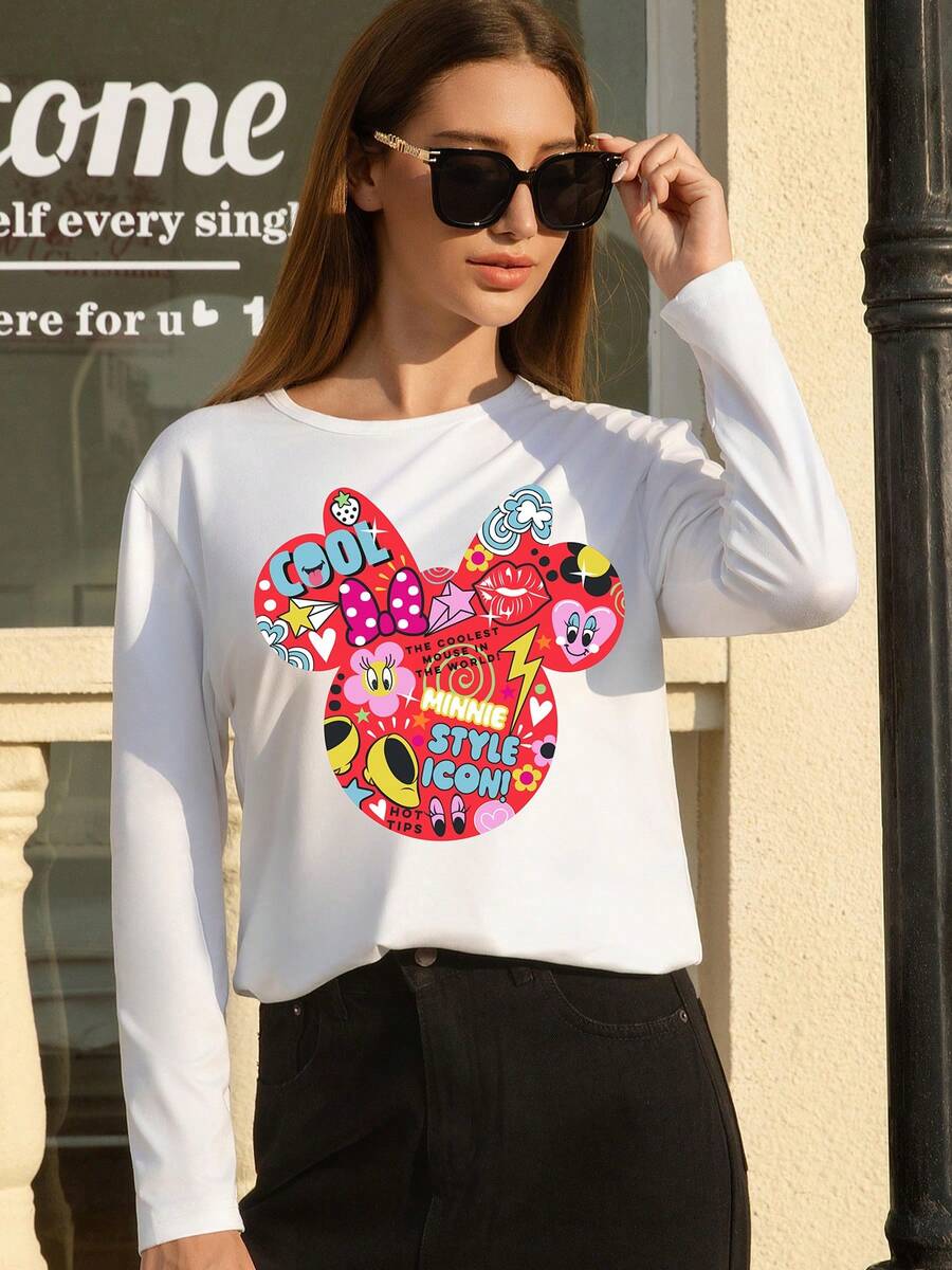 Disney Minnie Mouse Series Graphic Print Casual Long Sleeve T-Shirt, Stretchy, Opaque, Easy Care Fabric, Suitable For Everyday Wear - White - View 1
