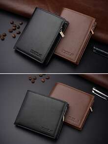 1pc Simple Yet Fashionable Men's 3-Fold Zipper Short Wallet, Multifunctional Business Card Holder Wallet, Best Gift For Men, Solid Color PU Leather - Multicolor - View 8
