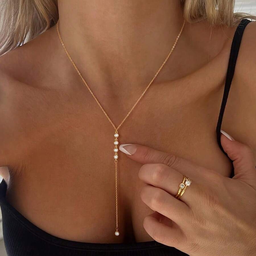 European And American Cross-Border Jewelry, Fashionable Retro Y-Shaped Long Necklace For Women, Simple Geometric Diamond-Set Fringed Versatile Necklace - Vàng - Xem 1