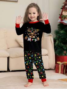 Set de 2 piezas de pijama con estampado de renos navideños de manga larga y pantalones para niños mayores, a juego con la familia - Multicolor - Ver 3