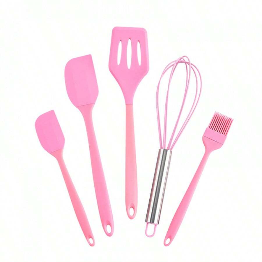 5pcs Silicone Spatula Set, Cake Scraper, Whisk, Baking Tools With Oil Brush - Baking 5-piece Set-pink - View 1
