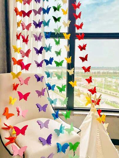 1pc Colorful Paper Garland Decoration Set, Includes 3D Paper Butterflies, Rainbow Paper Flowers, Suitable For Party, Holiday, Classroom Decor, Birthday Party