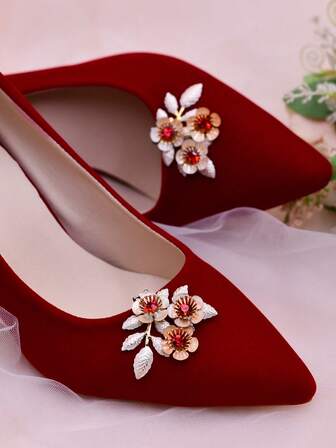1 Pair (2pcs) Alloy Flower Shaped Red Rhinestone Decorated High Heel Shoe Clips, Removable Shoe Clips For Flats, Wedding, Party, Christmas, Thanksgiving, Daily Wear