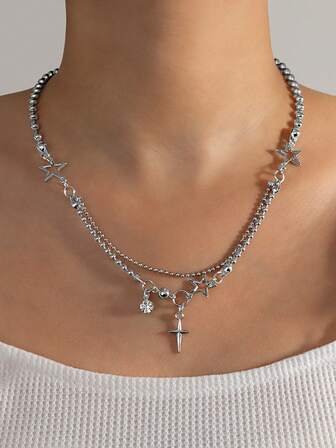 1pc INS Style Silver Double-Layer Hollow Star Pendant Necklace, Rhinestone Pendant Necklace For Women, Fashionable Design For Daily, Evening Party Wear