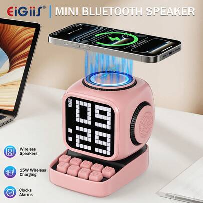 EIGIIS A Small Cube-Shaped Smart Bluetooth Speaker, 15W Wireless Speaker, Supports Wireless Fast Charging, Alarm Clock, White Noise, Retro Style, Suitable For Bedroom And Living Room.