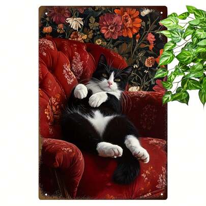 1pc, Black And White Cat On Red Chair, Vintage Floral Wall Art, Metal Sign Poster, 8x12inch, Home Decor For Living Room, Kitchen, Bathroom, Bar, Outdoor, Artistic Gift For Friends.