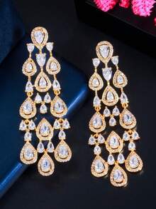 一对奢华镀金长款水滴流苏耳环，巴西风格婚礼耳环，立方氧化锆首饰配饰，适合订婚、婚礼、派对、舞会、伴娘礼物 - 1 pair earrings - 查看 14