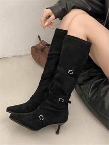 Botas Elegantes de Bico Fino e Matte para Mulheres, Botas de Cano Médio com Zíper Lateral Ajustado - Preto - Visão 3