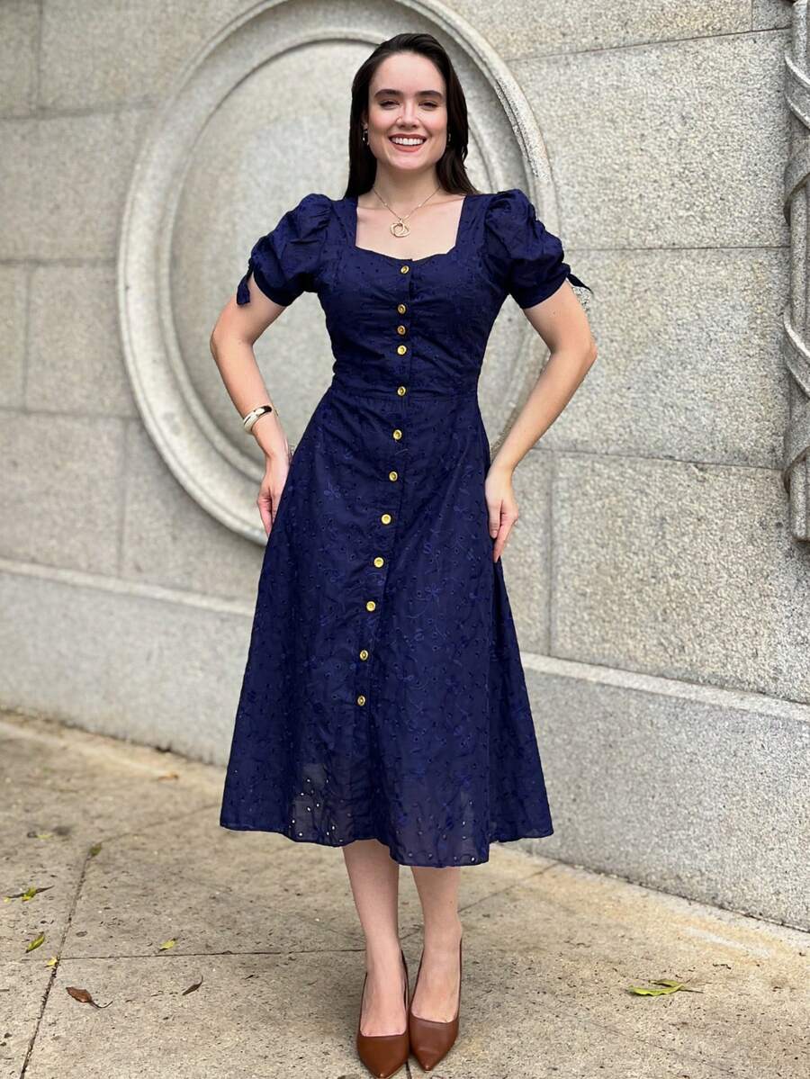 Women's Midi Dress, Casual, Elegant, Cotton, Daily - 藏蓝色 - 查看 1