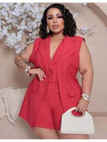 Women's Premium Plus Size Double Vest And Short Set - Red - View 4