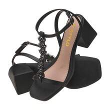 Geometric Thick Block Heel Sandal With Shiny Stones - Black - View 2