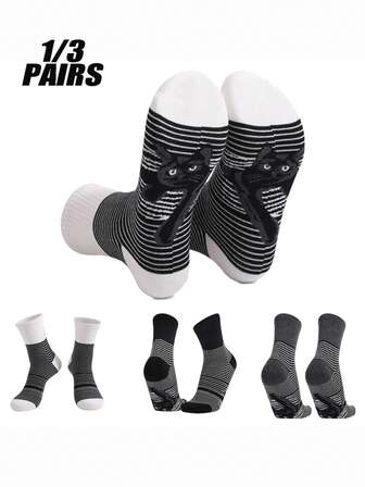 1/3 Pairs Fashion Versatile Moisture-Wicking Odor-Resistant Anti-Friction Black & White Striped Cat Print Men's Mid-Calf Socks, Suitable For Outdoor And Indoor Wear