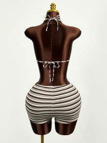 Zestiva Bộ đồ bơi 2 món mùa hè dễ thương cho nữ, áo bikini tam giác đính hạt nhựa và quần short, đồ bơi vải đặc biệt - Cà phê nâu - Xem 2