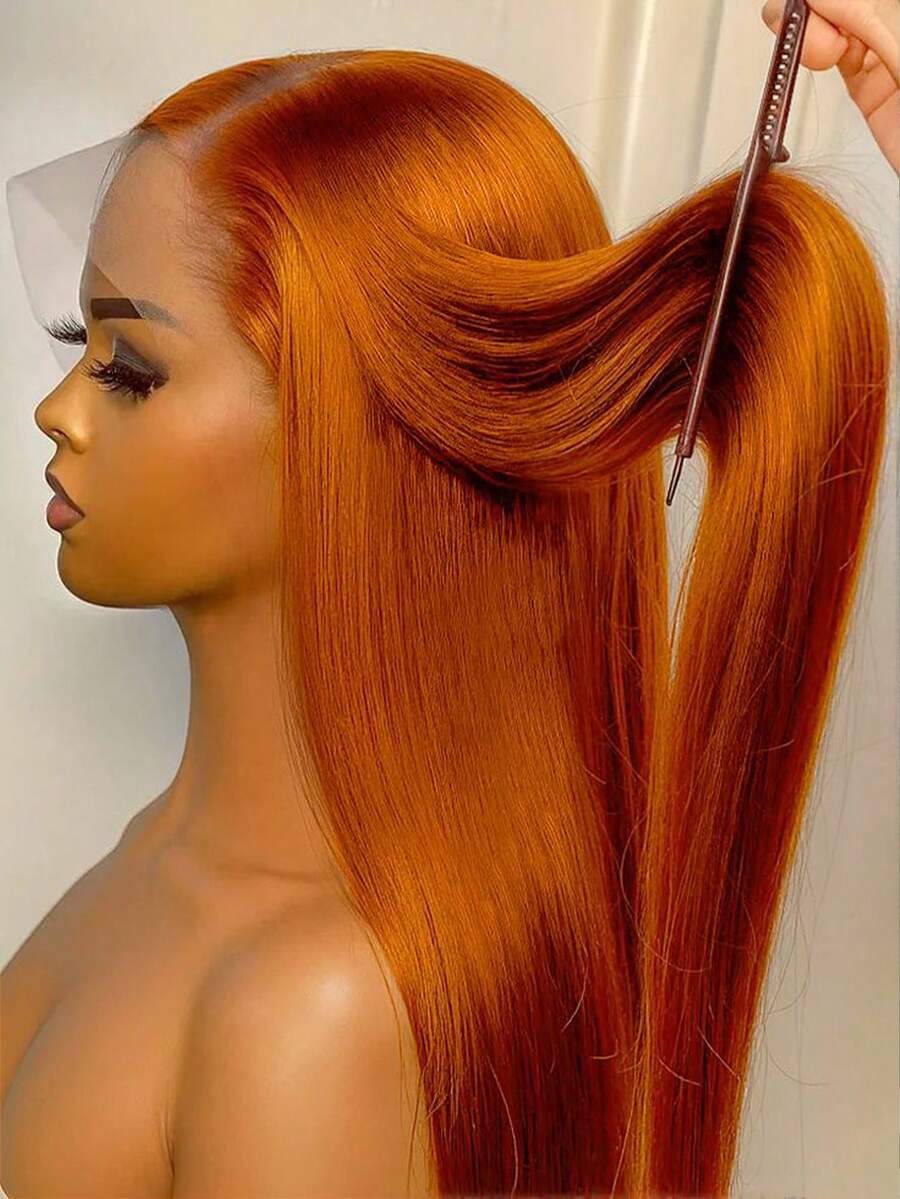 34 Inch Ginger Orange 13x6 Lace Front Wigs Human Hair Straight Ginger Wig HD Transparent Lace Frontal Wigs #350 Colored Human Hair Wig Pre Plucked With Baby Hair 250 Density - S350 - 查看 1