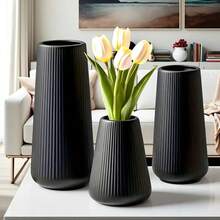3个现代T型北欧风塑料花瓶，黑白两色，表面有纹理，防碎，多种尺寸（24.89/20.07/13.97厘米），适用于客厅、餐桌，可插鲜花、郁金香或人造花，家居装饰礼品 - 彩色 - 查看 8
