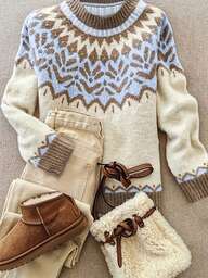 Nuevo suéter de punto con cuello redondo, contraste de color y patrón geométrico para mujeres, otoño e invierno 2025