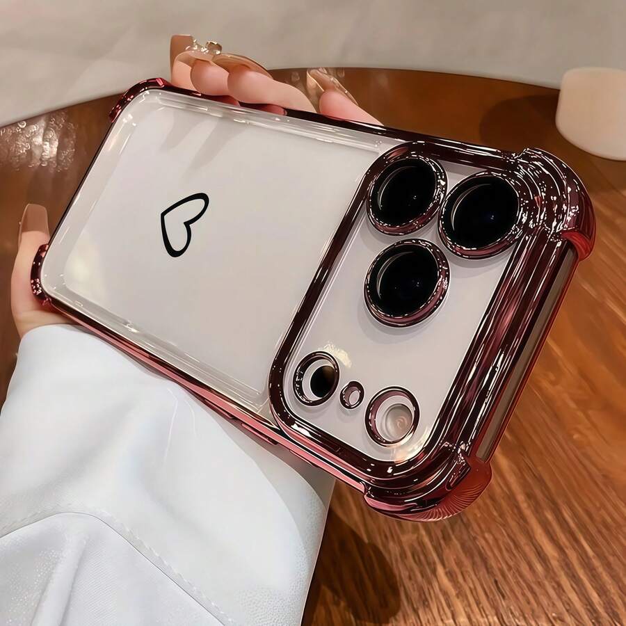 1pc Luxury Fashion Shockproof Heart-Shaped Camera Lens Protective Phone Case Compatible With Apple 6/7/8/X/XS/XR/11/12/13/14/15/16/16E/17/17PM, Galaxy S22/23/24/25/S24 FE/S25 EDGE, A04/05/06/A14/A15/A16/A24/A25/A34, Redmi Note 7/8/9/10/11/12/13, Redmi 9/10/12/13C - Pink - View 1