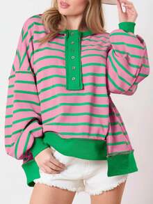 Womens Loose Fit Striped Henley Waffle Knit Pullover Casual Sweatshirt Tops - 粉綠色 - 查看 3