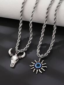 1pc Punk Gothic Western Style Twisted Chain Pendant Necklace With Bull Head & Evil Eye Charm, Unique & Fashionable Women Necklace - Silvery - View 1