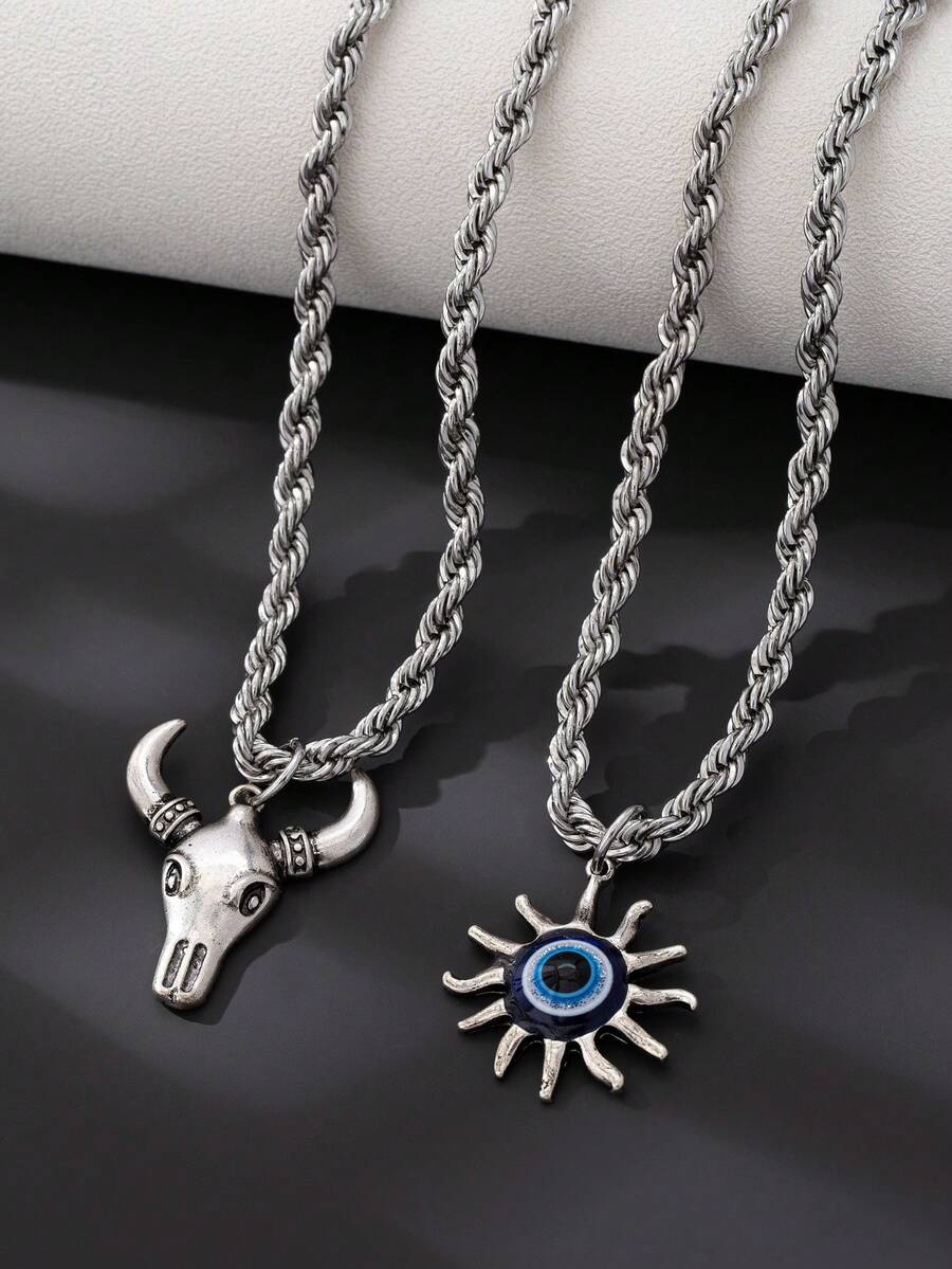 1pc Punk Gothic Western Style Twisted Chain Pendant Necklace With Bull Head & Evil Eye Charm, Unique & Fashionable Women Necklace - Silvery - View 1