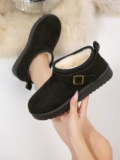 Women's Student Casual Cute Fluffy Lining Faux Fur Cuff Buckle Strap Waterproof Platform Snow Boots