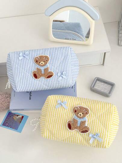 Bolsa de armazenamento listrada, tecido macio de alta qualidade, detalhe fofo de urso e laço, zíper em cores contrastantes, estilo xadrez doce, versátil para casa, viagem, organizador de cosméticos para mulheres