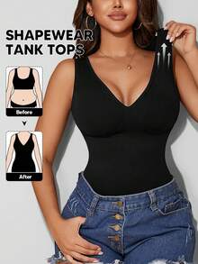 女士V领无缝压缩运动塑身背心休闲黑色夏季款 - 黑色 - 查看 3
