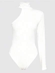 Solid Color Asymmetric Neckline Bodysuit White Elegant Fall - White - View 5