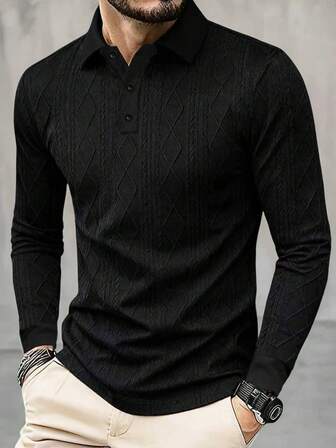 1 pieza Camisa polo de manga larga con cuello de jacquard texturizado negro casual para hombre, adecuada para primavera y otoño