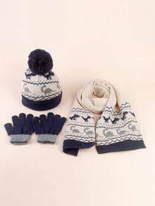 1/2/3 件儿童恐龙提花针织帽、围巾和手套三件套，适合男孩和女孩 - 恐龍提花 - 查看 3
