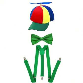 Clownhatt med rosett, set med hängslen, roliga kostymtillbehör, avtagbara för kvinnor, inkluderar propellerhatt, basebollkeps, färgglad regnbågsfärgad höghatt, lämplig för Halloween, kostymrollspel, inkluderar rosett, hängslen, hatt - perfekt för Halloween, fester, musikfestivaler, evenemangsplanerare