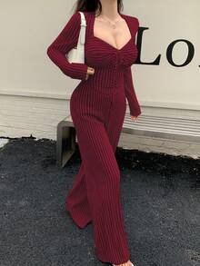 abyoxi Apricot Color Sexy Twist Corset Tie-Up Asymmetric Hem Long Sleeve Top & Wide Leg Pants Two Pieces Set With Stripe Jacquard Fabric For Hot Girl Young Hot Style Casual Commute Fall/Winter New Women's Clothing