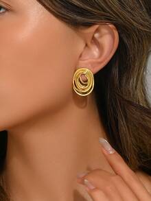 VceTd 1 Pair Minimalist Vintage Exaggerated Elliptical Spiral Line Design Stainless Steel Stud Earrings, Suitable For Women's Daily Fashion, Party Wear, Holiday Gift