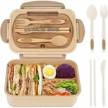 Classic - Adult Bento Box, All-In-One Stackable Lunch Box Container With 3 Compartments, Plastic Utensils, And Nylon Sealing Strap, Khaki - 卡其色 - 查看 7