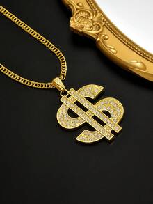 1pc Hip-Hop Retro Streetwear Photo Chain Dollar Sign Fully Rhinestone Pendant Necklace, Suitable For Men And Women Wearing Hip-Hop Style, Great Gift For Friends