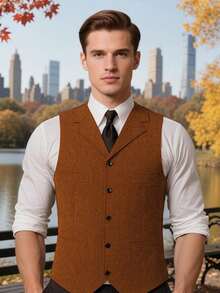Mens Wool Tweed Vest Classic Herringbone Retro V Neck Suit Vests Sleeveless Jacket Herringbone Waistcoat Tuxedos For Prom - 橘色 - 查看 4