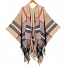 New Tassel Split Shawl Autumn Winter Women's Simple Plaid Jacquard Scarf Cape - 古典條紋格子黑紅 - 查看 5