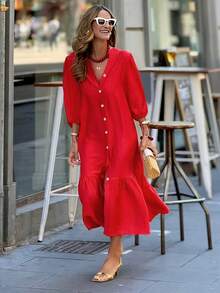 Vestido elegante de calle de vacaciones con cuello en V y mangas de siete cuartos, vestido largo, para otoño e invierno, té, fiesta, ropa de invierno - Rojo - Ver 2