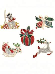 1/5 Piezas de broches de Navidad con diamantes incrustados - Alfileres florales creativos - Manzana roja, muñeco de nieve, campana, alce de dibujos animados - Broches para damas - Regalo de Navidad perfecto