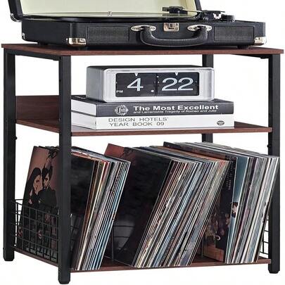 LELELINKY 3 Tier End Table,Record Player Stand With Storage Up To 100 Albums,Turntable Stand For Vinyl,Brown Records Shelf For Living Room Bedroom