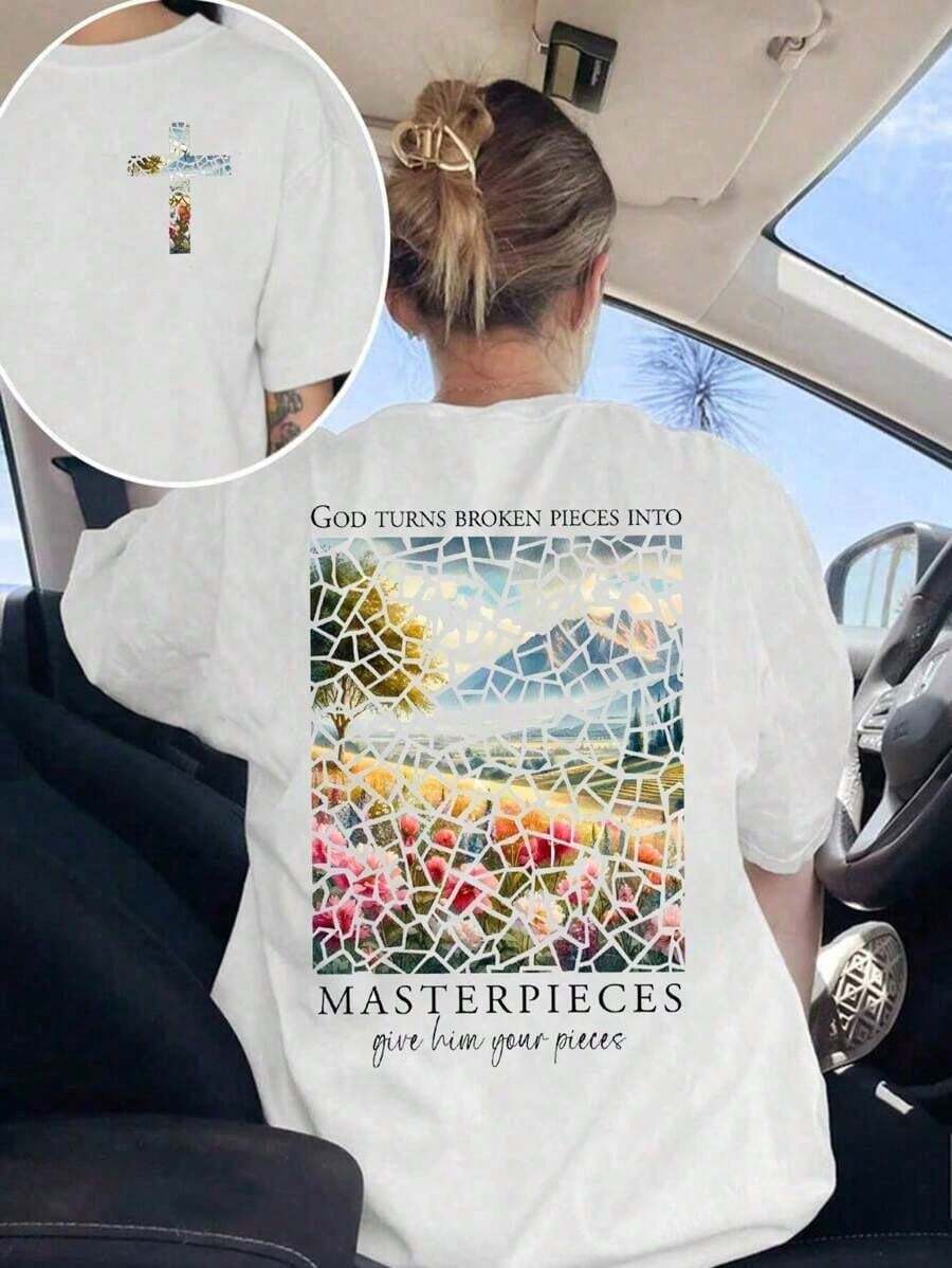 God Turned Fragmented Pieces Into Masterpieces, Christian Faith Color-Shirt, Religious Sports Sweater, Top With Bible Verse Print Women, Comfortable And Loose-Fitting. - trắng - Xem 1