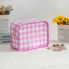 Personalized Embroidered Makeup Bag For Girls, Custom Name Gingham Toiletry Pouch With Cute Ruffle Trim, Soft Pastel Travel Cosmetic Organizer, Lightweight Large Capacity Storage Bag, Ideal Gift For Friends, Bridesmaids, Or Christmas