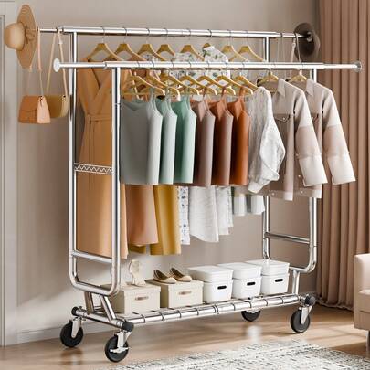 Heavy Duty Clothes Rack, Double Hanging Rod Clothing Garment Rack For Hanging Clothes, Adjustable Height And Extendable Length Clothing Rack With Bottom Storage Area, 600 Lbs Load Capacity